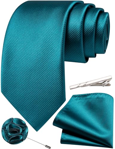 Solid Color Tie and Pocket Square with Tie Clip Lapel Pin Silk Formal Necktie Set Wedding Formal - color: Teal