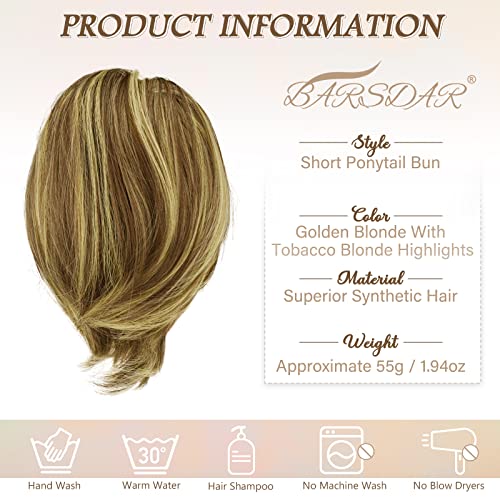 BARSDAR Golden Blonde Synthetic Heat Resistant Hair Bun Extension, Short Straight Thick Hairpiece, 1 Count (Pack of 1) - color: Golden Blonde with Highlights, size: 1 Count - Elastic