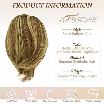 BARSDAR Golden Blonde Synthetic Heat Resistant Hair Bun Extension, Short Straight Thick Hairpiece, 1 Count (Pack of 1) - color: Golden Blonde with Highlights, size: 1 Count - Elastic