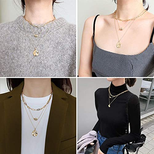 FAMARINE Gold Layered Pendant Long Necklace, 3 Layer Choker Necklace Chain Pendant Costume Jewelry for Women