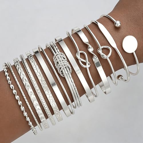 FAXHION Gold Bangle Bracelets for Women, 14 Pcs Multi Layer Stackable Bangle Set, 14K Gold Plated Textured Chunky Bracelets Boho Jewelrys Set - style: Silver A-14 pcs