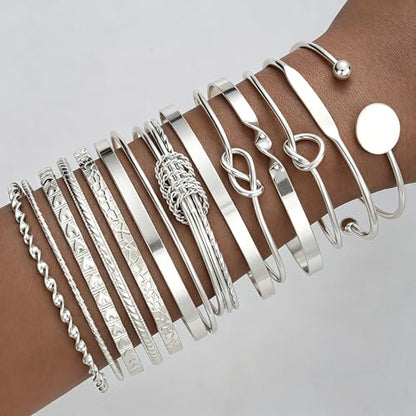 FAXHION Gold Bangle Bracelets for Women, 14 Pcs Multi Layer Stackable Bangle Set, 14K Gold Plated Textured Chunky Bracelets Boho Jewelrys Set - style: Silver A-14 pcs