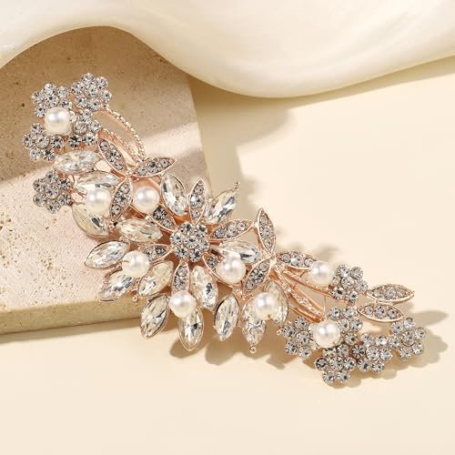 Hapibuy Rose Gold Crystal and Pearl Bridal Hair Clip Floral Hair Accessory Wedding Hair Comb For Women and Bride - color: Rose Gold-Hair Clip