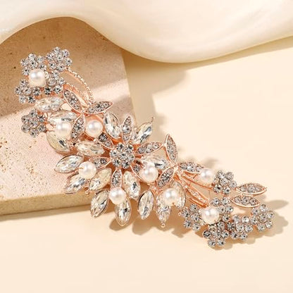 Hapibuy Rose Gold Crystal and Pearl Bridal Hair Clip Floral Hair Accessory Wedding Hair Comb For Women and Bride - color: Rose Gold-Hair Clip