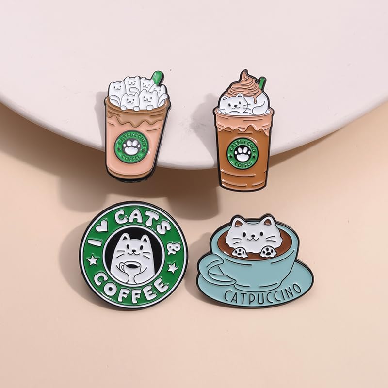 Cartoon Animal Enamel Brooch Set Cute Butterfly Duck Cat Lapel Pins for Backpacks Jacket Decoration Gifts for Friends - style: Bottle Cat Cup