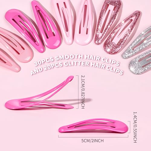 Teenitor 50Pcs Hair Barrettes Pink Snap Hair Clips, 2 Inch Hair Barrettes Hair Clips for Women Hair Barrettes for Women with Glitter Pink - color: Pink/Light Pink/Hot Pink/Glitter Silver/Glitter Pink