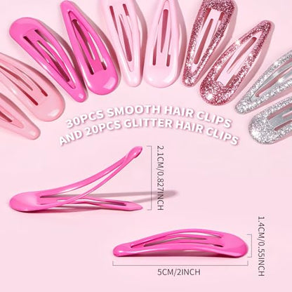 Teenitor 50Pcs Hair Barrettes Pink Snap Hair Clips, 2 Inch Hair Barrettes Hair Clips for Women Hair Barrettes for Women with Glitter Pink - color: Pink/Light Pink/Hot Pink/Glitter Silver/Glitter Pink