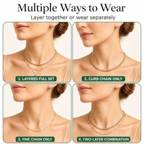 14K Gold Plated Necklace and Earrings Set for Women, 4-Piece | Layered Choker Necklace with CZ Stud Earrings, Gold Jewelry Set, Hypoallergenic Jewelry Gift for Women - color: Gold