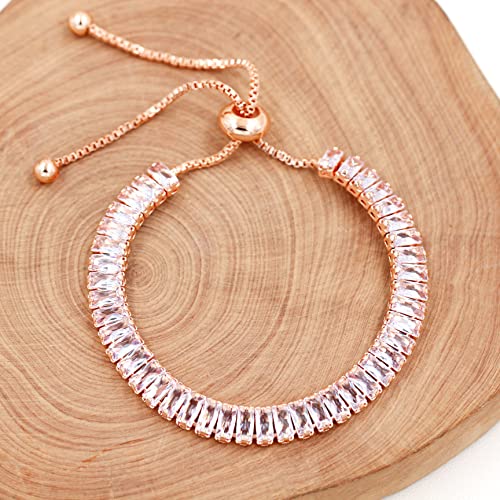 Uloveido Classic Emerald Cut Rectangular Cubic Zirconia Eternity Tennis Bracelet Adjustable for Women Y1788 - color: Rose Gold-white