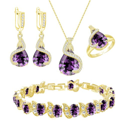 GZWHD Jewelry Set for Women Water Drop Cubic Zirconia Artificial Crystal Earrings Pendant Necklace Open Ring Tennis Bracelet Wedding Anniversary Birthday Engagement Gift for Bridesmaid Wife Girlfriend Friend - color: Gold-Purple