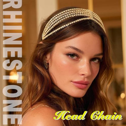 Jeairts Rhinestone Head Chain Forehead Bridal Headband Elastic Crystal Hair Band Halloween Prom Hair Jewelry for Women - color: 2-Gold