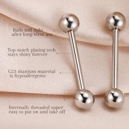 AROWRO Nipple Piercing Jewelry G23 Titanium Nipple Rings Tongue Rings Nipple Bar 14G Internally Threaded Straight Barbells Bridge Piercing Jewelry 12mm-20mm - color: Silver