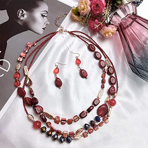 Coiris 3 Multi Layer Shell Glass Beaded Fashion Necklace for Women 21" - color: N0001-wine