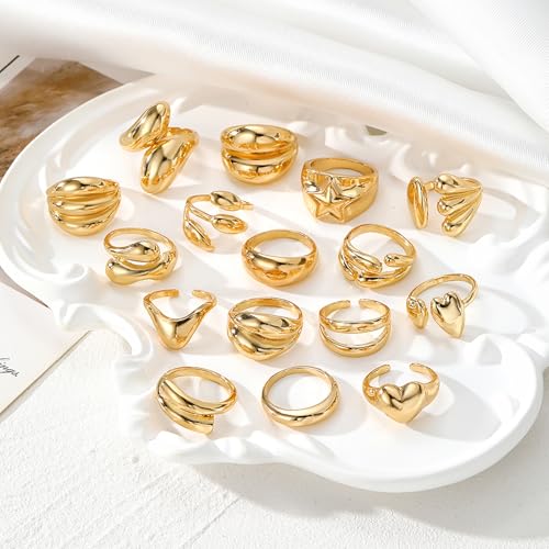 17IF 16 Pcs Chunky Gold Rings Set for Women, 14K Gold Plated | Classic Thick Adjustable Rings, Stackable Midi Finger Womens Stack Ring Pack for Jewelry Gifts - style: Golden-C