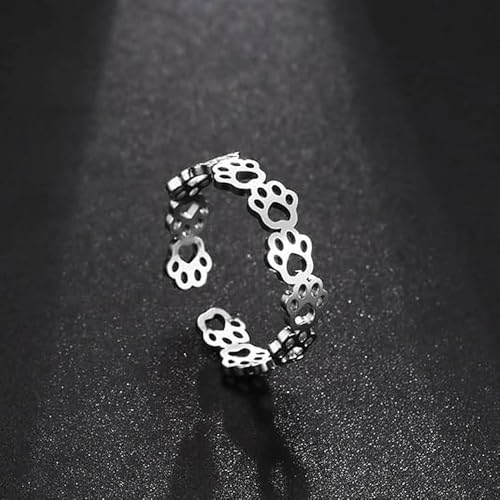 Fashionable and Cute Hollow Cat Claw Footprint Stainless Steel Open Ring Female Creative Couple Ring Animal Jewelry - color: silvery