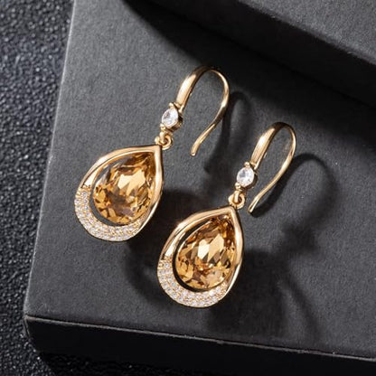 Austrian Crystal Halo Teardrop Hollow Drop Dangle Earrings for Women 14K Rose Gold Plated Hypoallergenic Jewelry Gifts - color: Light Topaz