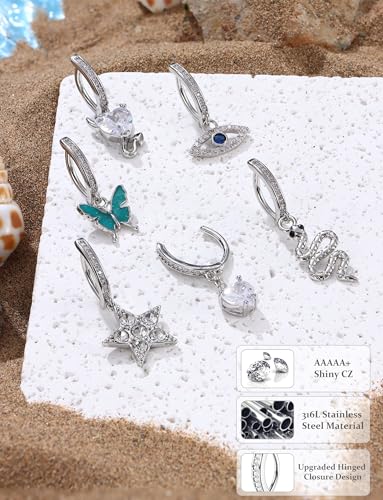 JOERICA 6 Pcs 14G Clicker Belly Button Ring for Women 316L Surgical Steel Butterfly Snake Evil Eye Heart CZ Opal Dangle Belly Button Rings Simple Reverse Navel Rings Body Belly Piercing Jewelry - color: Sliver Tone A
