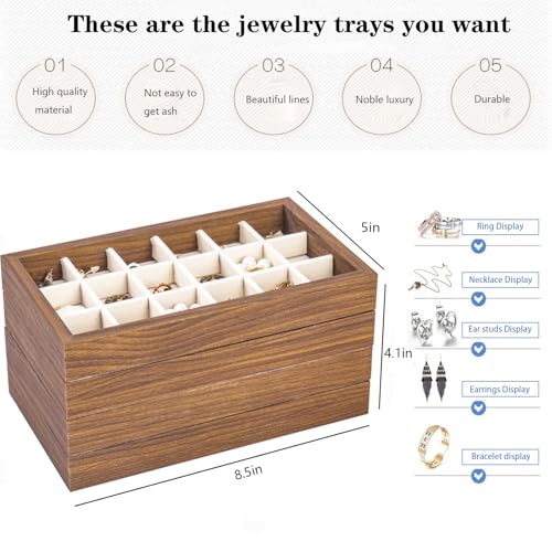 Wooden Jewelry Organizer Trays for Drawer, Stackable Jewelry Drawer Organizer Inserts, Set of 4 Jewelry Storage Flat Stacking Display Case Box for Rings Stud Necklaces(Beige)