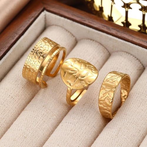 3Pcs Gold Chunky Hammered Geometric Open Ring Set for Women,Boho Retro Textured Stackable Band Statement Rings Modern Minimalist Jewelry Gifts - color: Golden