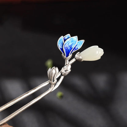 S925 Silver Plated Jingde Blue with Jade Hairpin Chinese Hanfu Style Hair Sticks Retro Handmade Hair Clip for Women Girls Long Hair - color: Lotus Butterfly