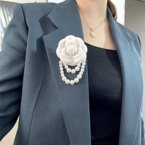 Wool Camellia Flower Pearl Tassel Brooches Pins Delicate Flowers Brooch Classic for Wedding Party Dance Banquet for Women Dainty Elegant Lapel Pins Dress Suit Accessories - color: Beige