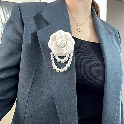 Wool Camellia Flower Pearl Tassel Brooches Pins Delicate Flowers Brooch Classic for Wedding Party Dance Banquet for Women Dainty Elegant Lapel Pins Dress Suit Accessories - color: Beige