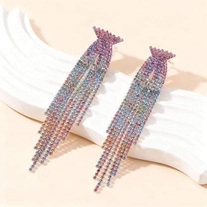 Rhinestone Earrings Prom Earrings for Women Sparkly Long Tassel Chandelier Drop Statement Earring Jewerly Gifts Wedding Party Prom Dresses Accessories - color: B4:silver-AB