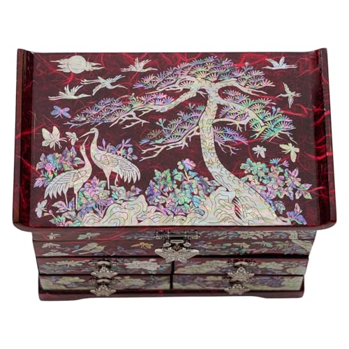 February Mountain Handcrafted Mother of Pearl Jewelry Box – Korean Traditional Design | Unique Keepsake Organizer for Women, Mom, Grandma | Gift for Christmas, Birthday, Anniversary - style: Crane and Pine Tree - Red