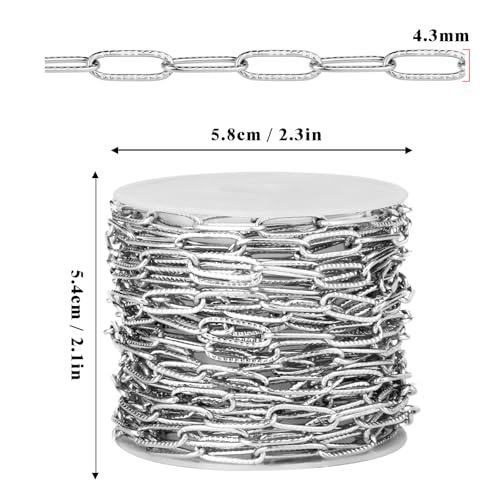 33FT Stainless Steel Paperclip Chain 4.3mm Silver Chain for Jewelry Making | Textured Cable Link Chains Roll Bulk for Necklace Bracelet Crafts - color: stainless steel color
