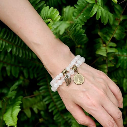 Bivei Natural Semi Precious Gemstone beads bracelet for women - Life Tree and Leaf Charm Energy Reiki Crystal Stretch Bracelets - color: Clear Quartz Bracelet Set, size: Medium:6.8-7.24inch