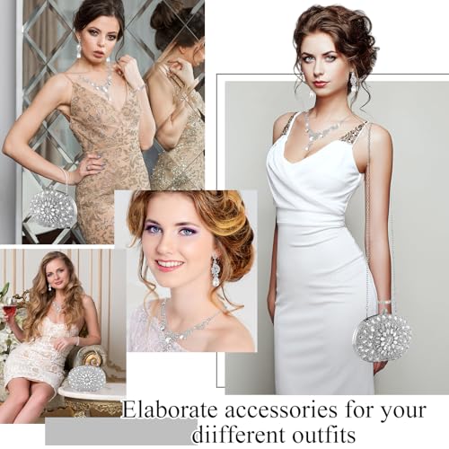 Quelay 4 Pcs Purse Rhinestone Jewelry Set Women | Wedding Bridal Prom Jewelry Sparkly Clutch Handbag with Necklace Bracelet Dangle Earrings Shiny Costume Kit - color: Silver, style: Traditional