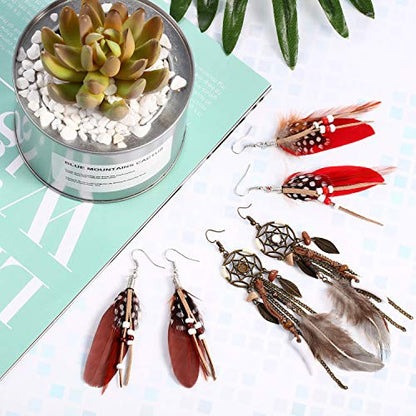 6 Pairs Women Faux Feather Earrings Dream Catcher Bohemian Fringe Tassel Long Drop Dangle Earrings Set with Design for Women - style: Style 7