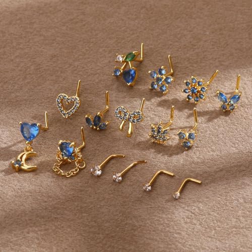 BSJ4U Nose Rings L Shaped for Women Nose Piercings 20G Surgical Stainless Steel Nose Studs CZ Heart Butterfly Flower Cherry Bow Moon Dangle Nose Piercing Jewelry - color: Gold Blue Nose Rings
