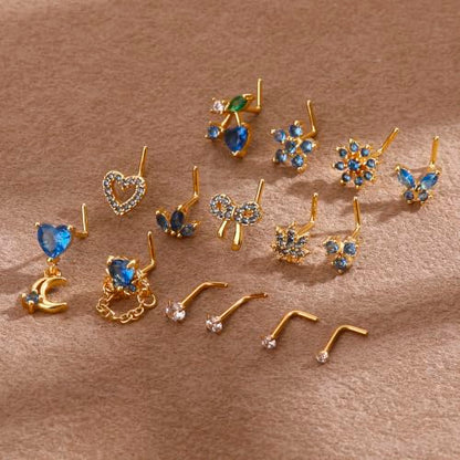 BSJ4U Nose Rings L Shaped for Women Nose Piercings 20G Surgical Stainless Steel Nose Studs CZ Heart Butterfly Flower Cherry Bow Moon Dangle Nose Piercing Jewelry - color: Gold Blue Nose Rings