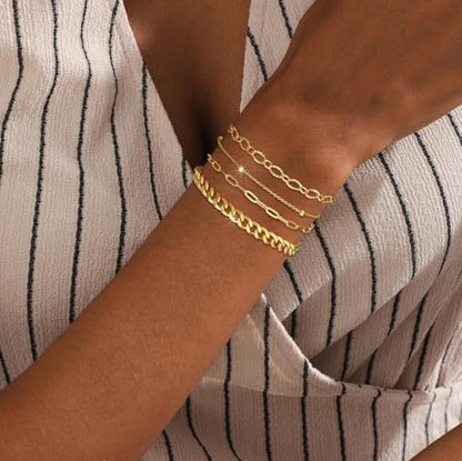 MFRYK Gold/Silver Bracelets For Women,Trendy 14k Gold/Silver Plated lightweight Dainty Chunky Thin Cuban Link Paperclip Chain Tennis Bangle Bracelets Stack Set,Ring Hand Chain Bracelet,Gold Jewelry Gift For Women Fashion Accessories - style: 4Pcs Chunky C
