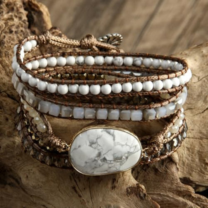 Handmade Boho Wrap Bracelets Natural Turquoise Crystal Stone Variety Beaded Strand Bracelet - color: White Turquoise