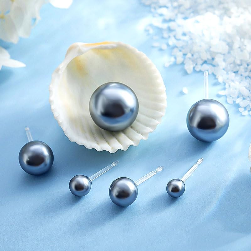 6mm & 8mm Faux Pearl Stud Earrings for Women Sensitive Ears – Hypoallergenic Plastic Earrings for Surgery, Lightweight Metal-Free Resin Earrings, Comfort Daily Wedding Birthday Gift - color: Sophisticated Grey
