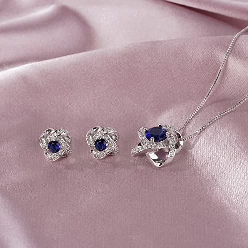 AMYJANE Bridal Jewelry Set for Women - Crystal Cubic Zirconia Love Knot Necklace Stud Earrings Elegant CZ Jewelry Set for Wedding Bride Bridesmaids Gift Set - color: Blue Sapphire(14k White Gold Plated)