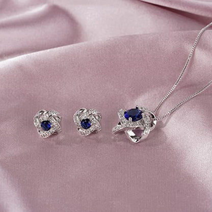 AMYJANE Bridal Jewelry Set for Women - Crystal Cubic Zirconia Love Knot Necklace Stud Earrings Elegant CZ Jewelry Set for Wedding Bride Bridesmaids Gift Set - color: Blue Sapphire(14k White Gold Plated)