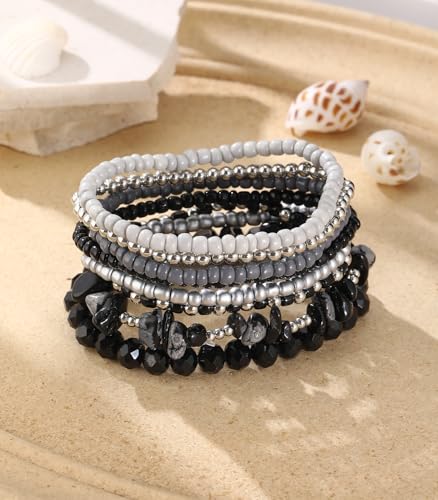 Noessla Boho Beaded Bracelets for Women Stackable Irregular Natural Stone Bead Stretch Bracelet Set 8PCS Costume Jewelry Gifts for Her - color: Black&Grey