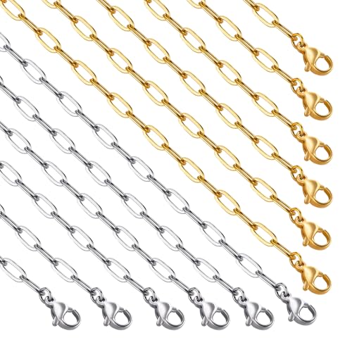 12 PCS Gold and Silver Stainless Steel Necklace Chain for Jewelry Making | Gold Plated Paperclip Necklace Chains Bulk for Women Charm Necklace Making with 2 Inches Extender Lobster Clasps - color: 3*7.5mm Gold and Steel Color, size: 18Inch