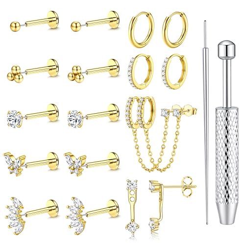 LOLIAS Hypoallergenic Gold Threadless Flat Back Stud Earrings for Women | 20G 18G 16G Surgical Steel Earrings Push in Nose Studs CZ Cartilage Earring Set Labret Helix Tragus Conch Piercing Jewelry - color: 14K Gold, size: 20G(0.8MM)-Heart&Flower