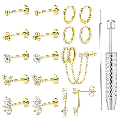 LOLIAS Hypoallergenic Gold Threadless Flat Back Stud Earrings for Women | 20G 18G 16G Surgical Steel Earrings Push in Nose Studs CZ Cartilage Earring Set Labret Helix Tragus Conch Piercing Jewelry - color: 14K Gold, size: 20G(0.8MM)-Heart&Flower