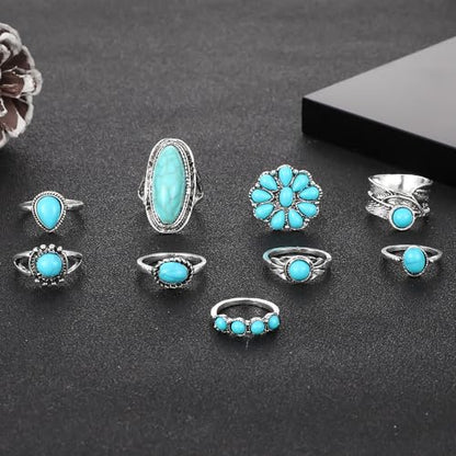 Bohemian Turquoise Ring for Women Stackable Vintage Chunky Boho Turquoise Ring Set Dainty Open Gemstone Knuckle Midi Finger Rings Western Statement Rings Jewelry - style: nine