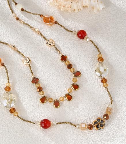 FULU AUTUMN Long Layered Beaded Necklaces for Women Statement Double Bead Strand Ceramic Flower Boho Jewelry Gifts for Mom - color: Brown