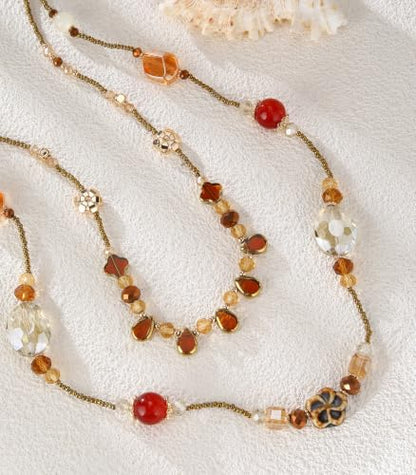 FULU AUTUMN Long Layered Beaded Necklaces for Women Statement Double Bead Strand Ceramic Flower Boho Jewelry Gifts for Mom - color: Brown