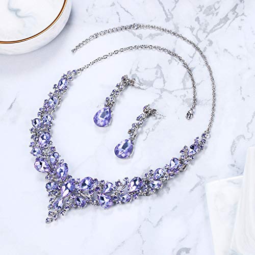 Women's Wedding Statement Necklace Dangle Earring Jewelry | Austrian Crystal Teardrop Cluster,Necklaces Earrings Set for Bride Bridesmaid,Prom Accessories - color: 13-Light Purple Silver-Tone