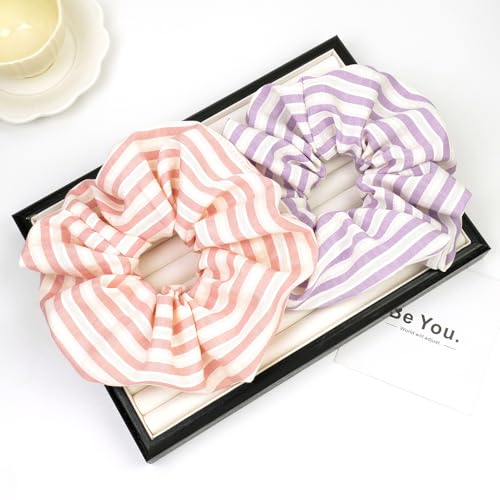 2pcs Striped Hair Scrunchies for Women Large Hair Ties, Big Fabric Ponytail Holders Elastic Hair Bands Woman Girls Hair Accessories, Pink/Lilac - color: Striped Pink/Lilac