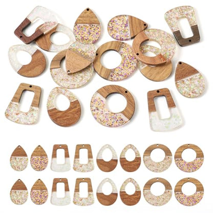 Beadthoven 16Pcs/8 Pairs Resin Wood Earrings Pendants, Colorful Glittery Clear Wooden Charms Pieces Boho Earrings Making Kit for Jewelry Making DIY Craft Women Mix Shapes - color: Clear Glittery Mix