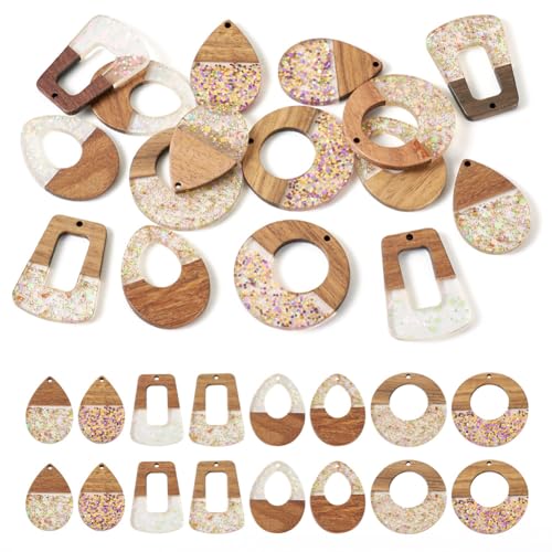 Beadthoven 16Pcs/8 Pairs Resin Wood Earrings Pendants, Colorful Glittery Clear Wooden Charms Pieces Boho Earrings Making Kit for Jewelry Making DIY Craft Women Mix Shapes - color: Clear Glittery Mix